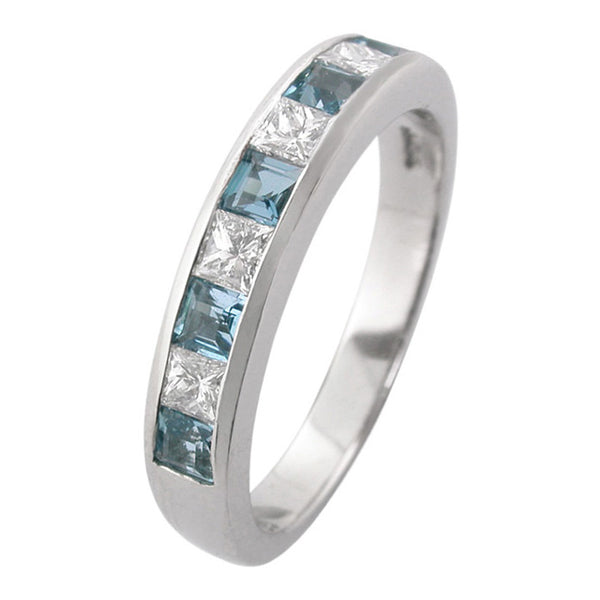 Aquamarine and diamond eternity ring in platinum