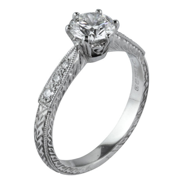 Vintage Hand Engraved Engagement Ring with Diamond Shoulders