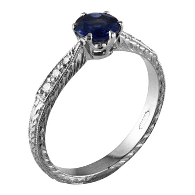 Engraved sapphire engagement ring