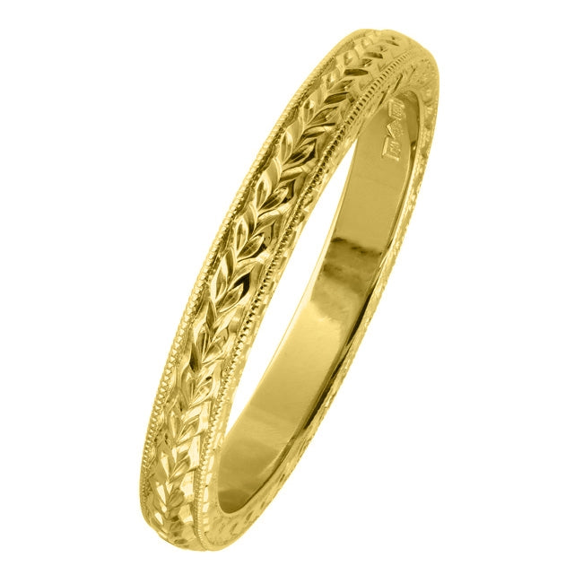 Yellow Gold Engraved Laurel Pattern Wedding Ring