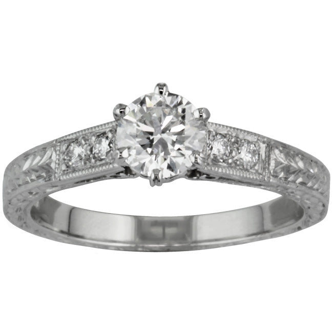 Engraved Engagement Ring with Six Claws in Art Deco Style