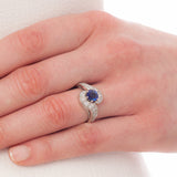 Unusual sapphire and diamond ring on hand UK