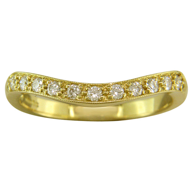 Shaped curved diamond wedding ring in yellow gold