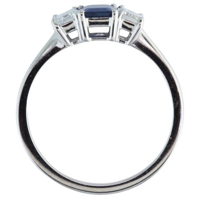 Sapphire diamond trilogy ring in platinum - side view