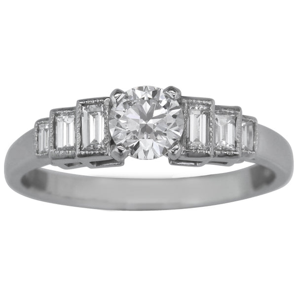 Baguette diamond accent shoulders Art Deco style ring