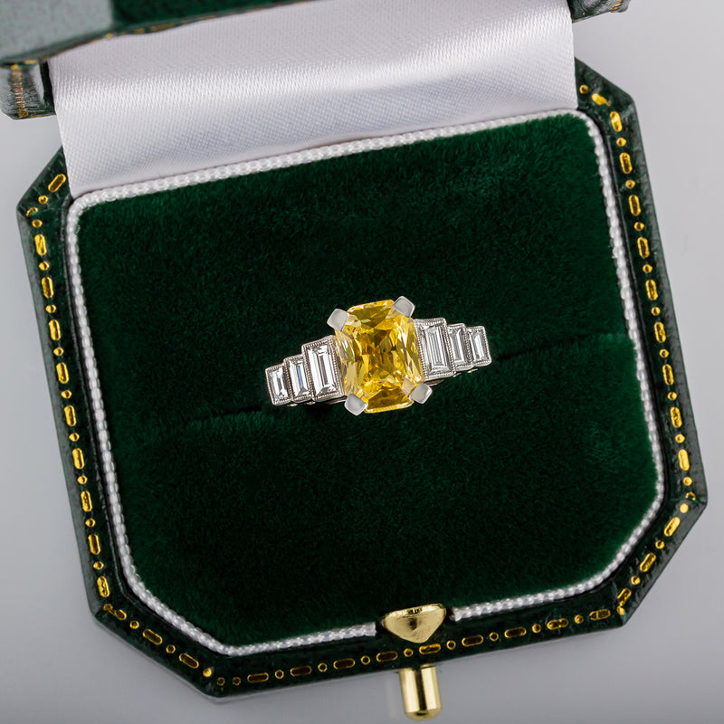 Art Deco Yellow Sapphire Ring with Baguette Diamond Side Stones