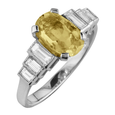 Yellow Sapphire Ring with Baguette Cut Diamond Stepped Shoulders