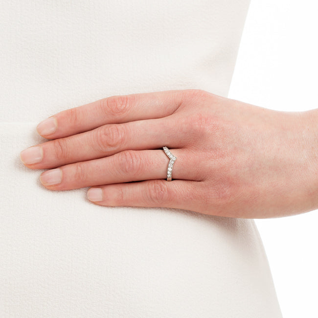V-shape or wishbone diamond wedding ring with millegrain edging in white gold