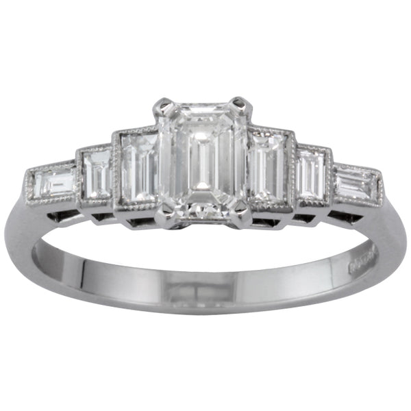 Art Deco Style Emerald Cut Diamond Ring with Baguette Diamond Shoulders