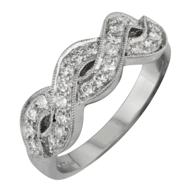Spiral cross over diamond ring with millegrain edging in 18ct white gold
