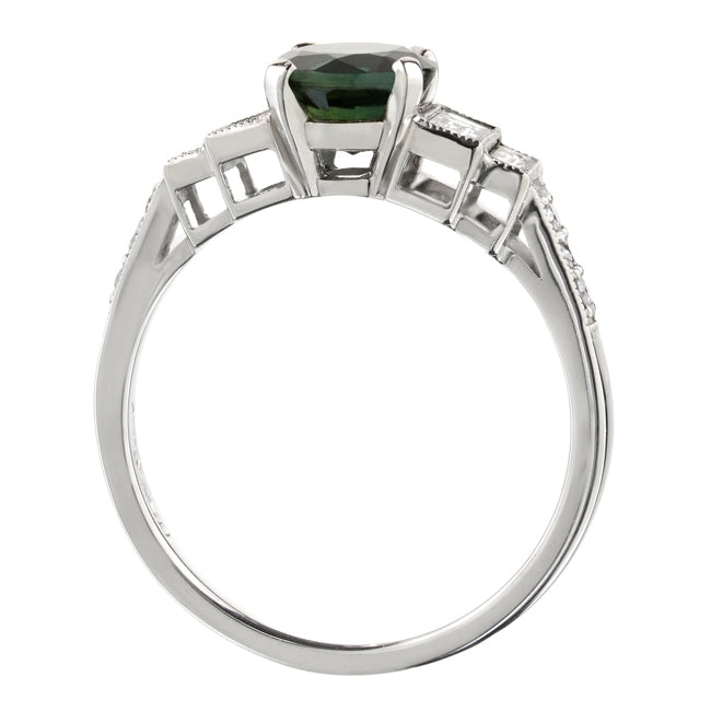 Green sapphire ring in platinum