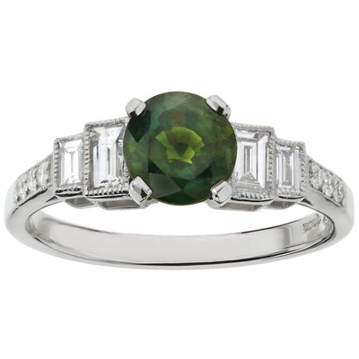 Vintage style green sapphire engagement ring