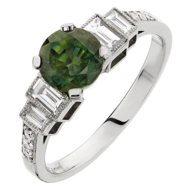 Art Deco style green sapphire and diamond ring
