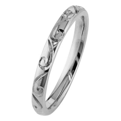 2.5mm court shape engraved wedding ring in white gold
