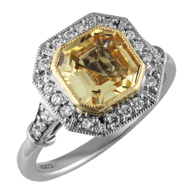 Vintage yellow sapphire halo cluster ring