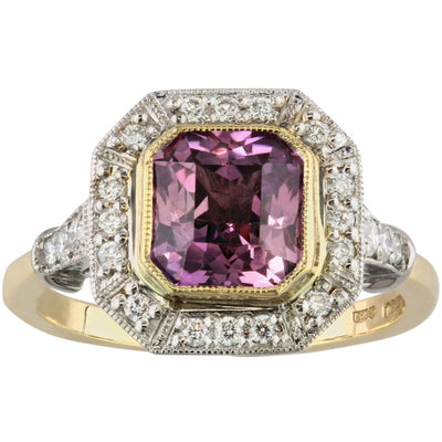 Pink sapphire cluster ring in two tone yellow gold and platinum