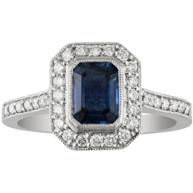 Emerald cut blue sapphire cluster ring