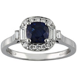 Vintage cushion sapphire diamond halo ring with baguettes UK