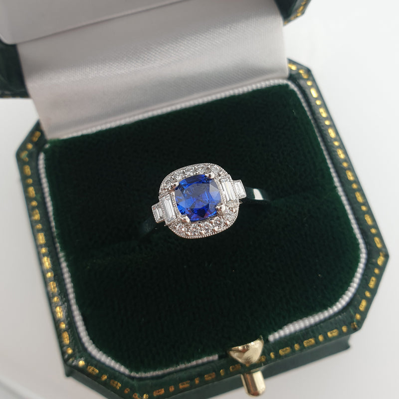 Sapphire diamond cluster ring with baguettes in box