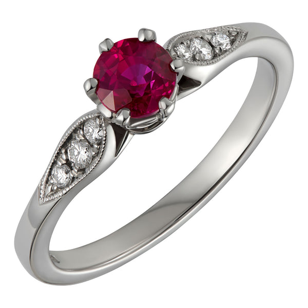 Platinum red ruby engagement ring with diamonds