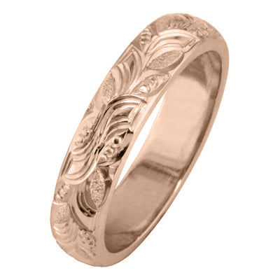 4mm leaf pattern engraved wedding ring rose gold