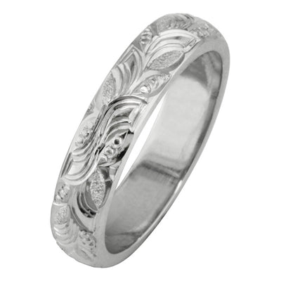 4mm Leaf Pattern Engraved Wedding Ring in White Gold