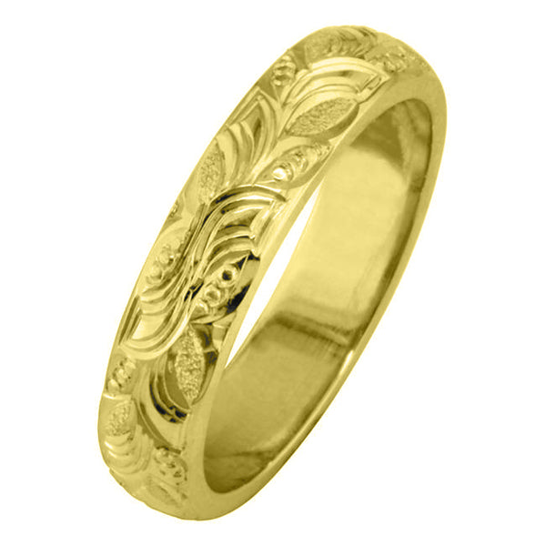 4mm leaf pattern engraved wedding ring yellow gold
