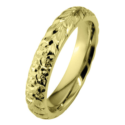 4mm yellow gold engraved wedding ring in orange blossom pattern