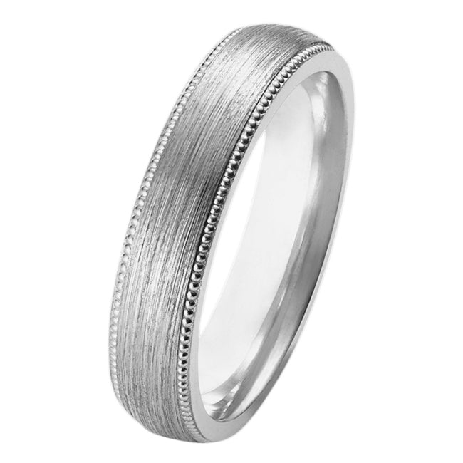 Brushed platinum men's court wedding ring with millegrain edges