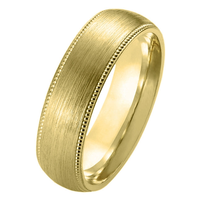 6mm yellow gold comfort fit wedding ring with brushed finish and millegrain edge