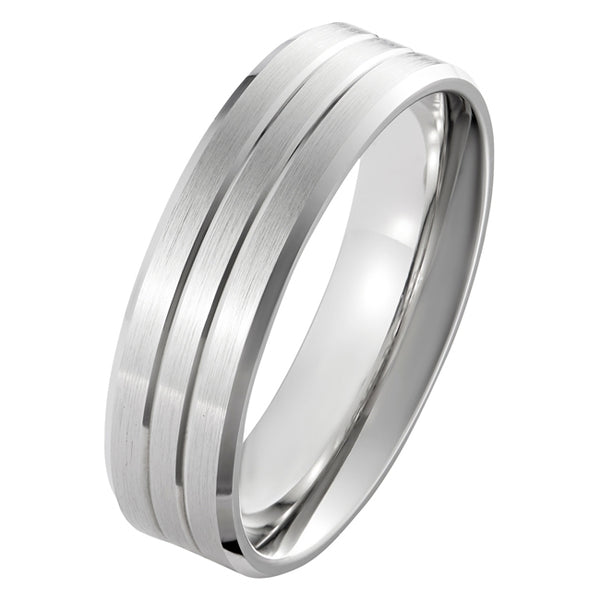 6mm satin mens wedding ring in platinum with two grooves and bevelled edges