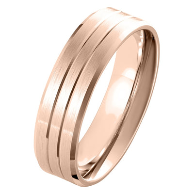 6mm rose gold mens wedding ring with three bands in flat court