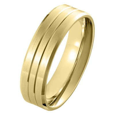 6mm Yellow Gold Men's Wedding Ring with Satin Finish & Two Grooves