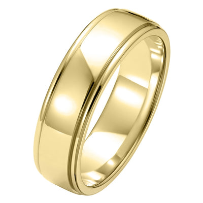 18ct yellow gold men's wedding ring with mirror polish and track edges