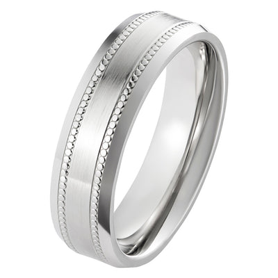 6mm flat court men's wedding ring with brushed & milgrain centre and polished bevelled edges.
