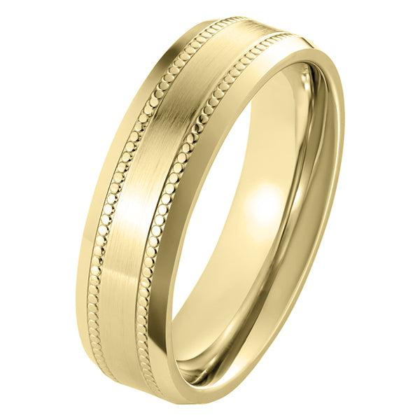 6mm Double Millegrain Flat Court Men's Wedding Ring in 18ct Yellow Gold