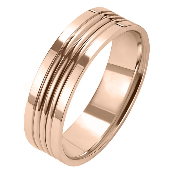 6mm Flat Court Multi-Groove Wedding Ring in 18ct Rose Gold