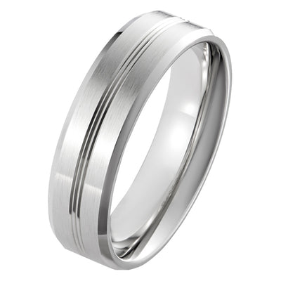 6mm Platinum Men's Flat Court Wedding Ring with Three Central Grooves