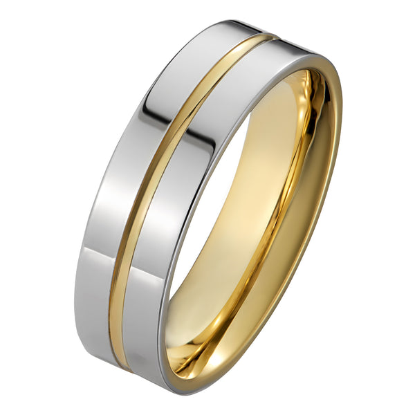 6mm decorative two colour yellow gold platinum flat court mens wedding ring