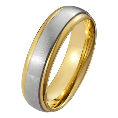 Two tone 6mm court mens wedding band platinum yellow gold raised brushed centre
