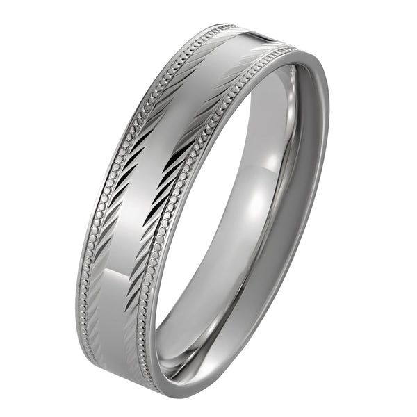 5mm flat court modern mens wedding band in platinum with diagonal pattern and decorative milegrain edge