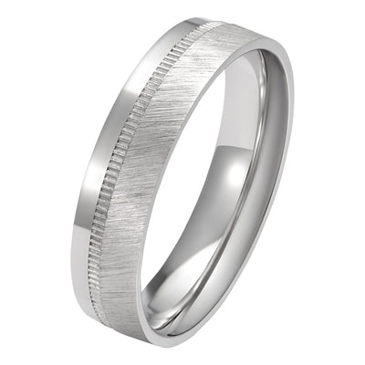 Matte and Polished Men's Wedding Band with Etched Vertical Line in Platinum
