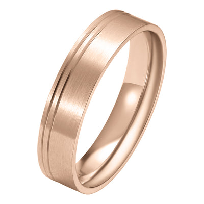 5mm rose gold brushed finish wedding ring in flat court profile with two grooves