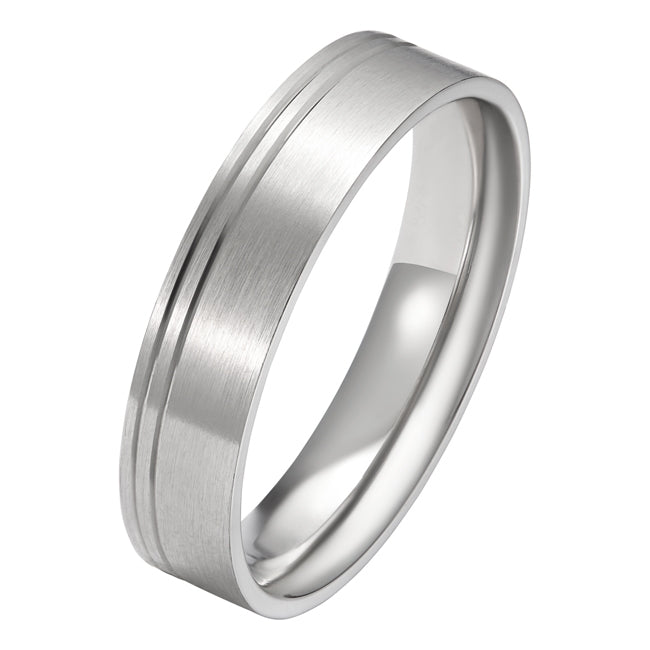5mm Satin Flat Court Mens Wedding Ring with Two Offset Grooves