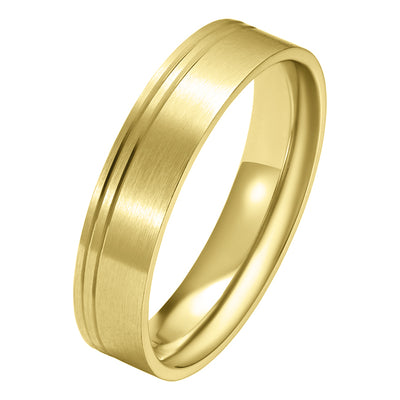 5mm satin finish yellow gold flat court wedding band with offset grooves