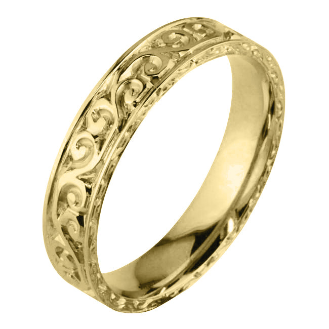 Unusual vintage style engraved men's wedding ring in yellow gold