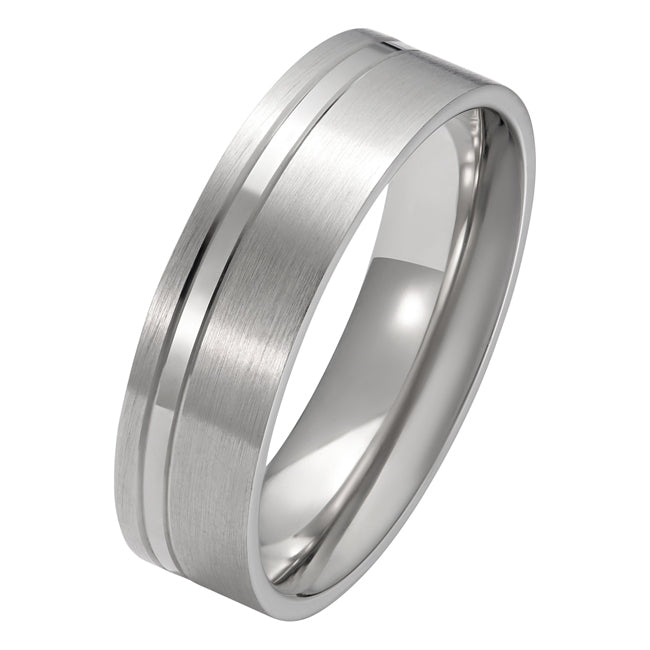 6mm flat court brushed and polished  platinum wedding ring with grooves