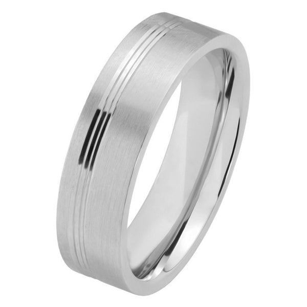 6mm Flat Court Platinum Men's Wedding Band with Three Grooves