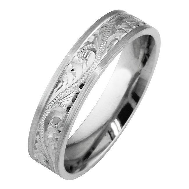 6mm men's hand engraved platinum wedding band