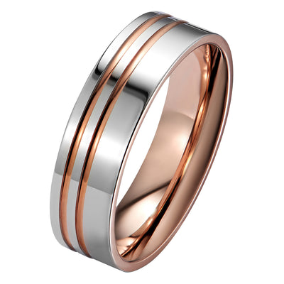 6mm decorative men's wedding ring two tone in platinum and rose gold with two grooves